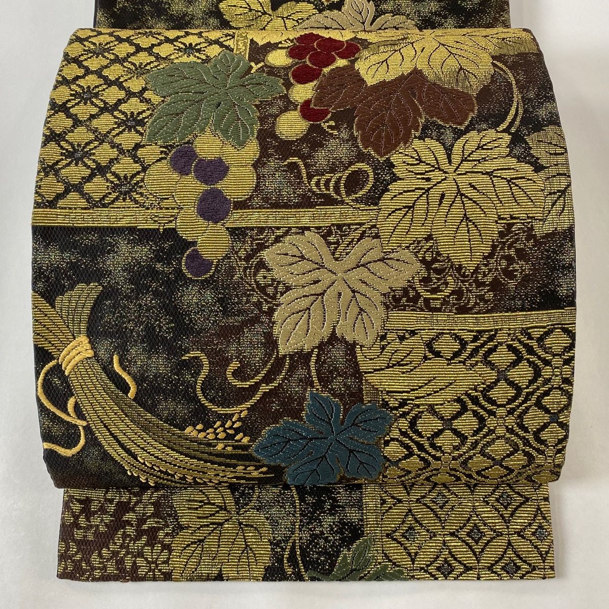袋帯 逸品 葡萄 稲穂 金華山織 金糸 金茶 全通 正絹 【中古