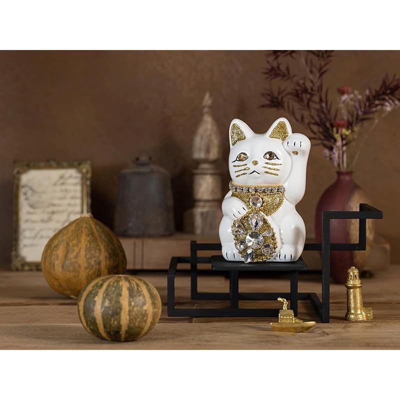 ご縁猫 ジュエリーキャット(S-SIZE 白 White）左手あげ/陶器