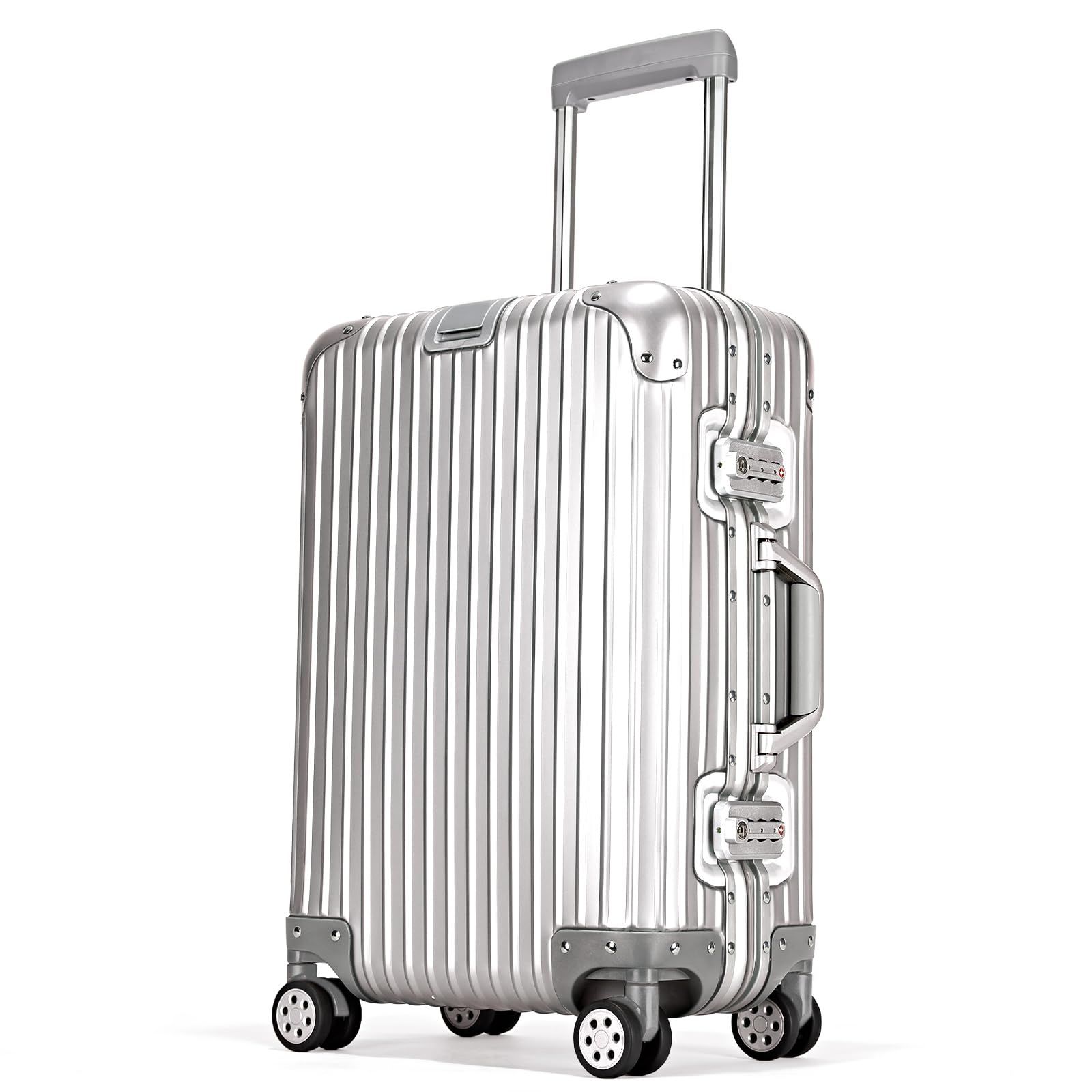 Airmood スーツケース オールアルミ合金 キャリーケース 機内持ち込み キャリーバッグ 大型 軽量 耐衝撃 TSAロック 静音 ダブルキャスター 出張 ビジネス 旅行 修学用 シルバー mサイズ 4-7泊 65L