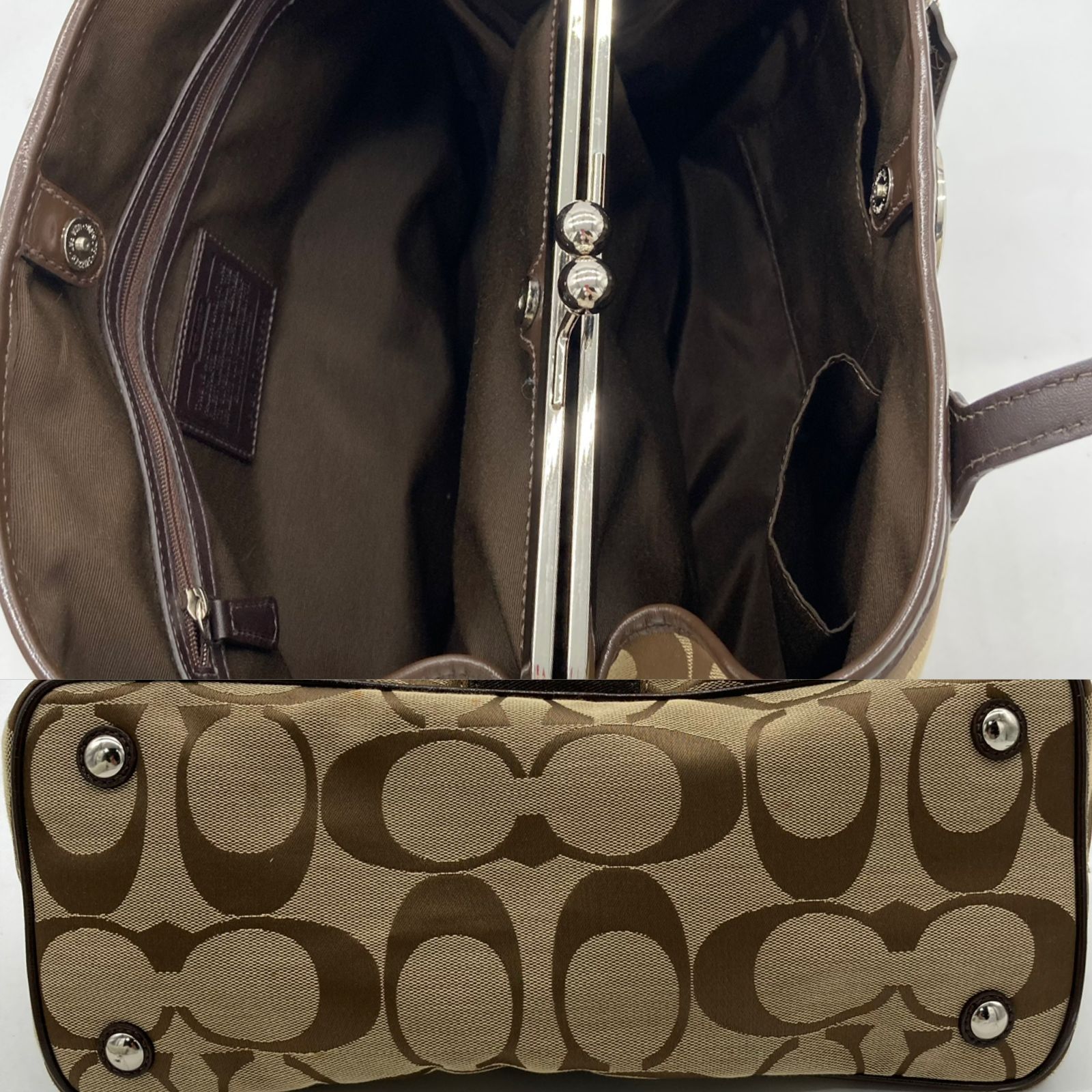 ▽COACH/コーチ がま口トートバッグ シグネチャー F13533 ブラウン 