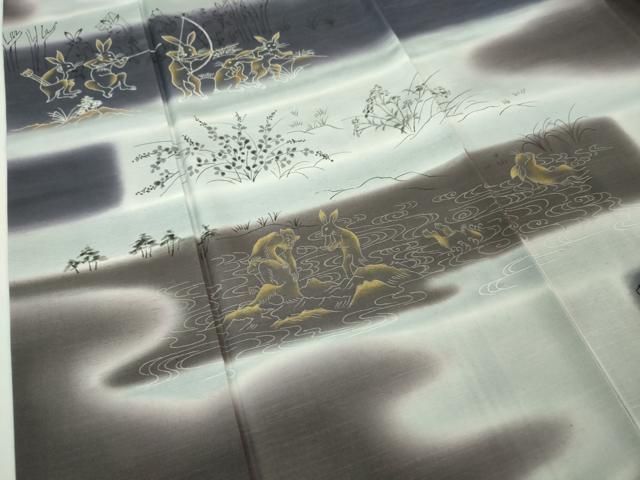 平和屋本店□極上 訪問着 紬地 手描き 鳥獣戯画 暈し染め 金彩 逸品