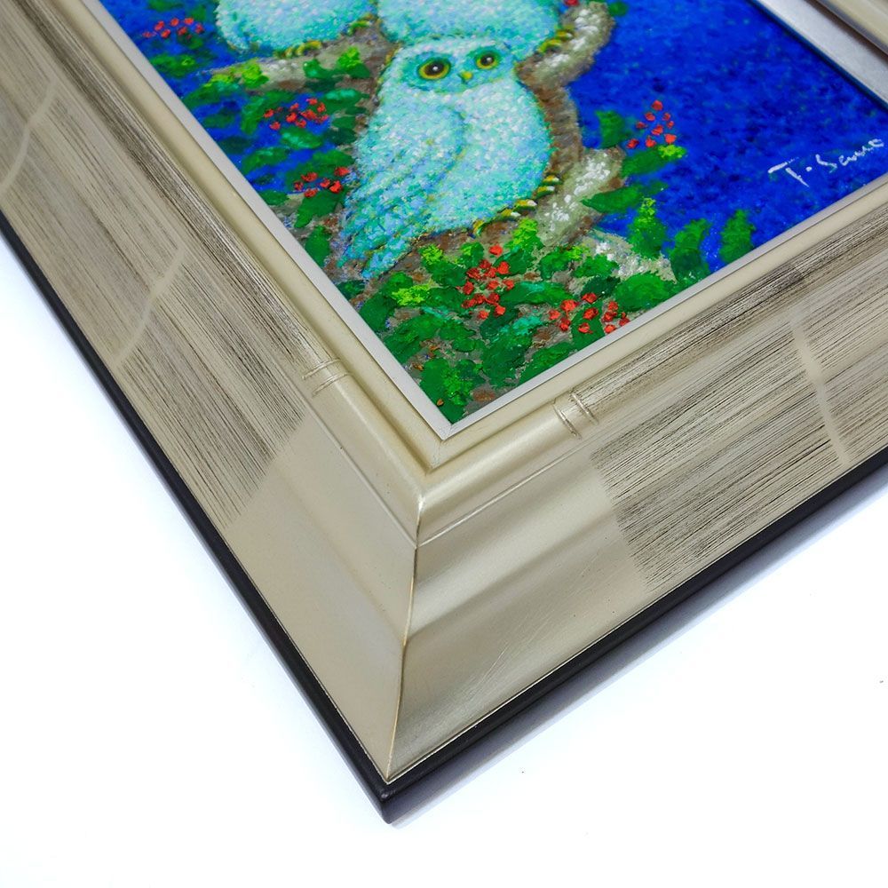 油彩画 SM号 佐野千恵子「満月のふくろう」 油絵 額付き 本物 真筆