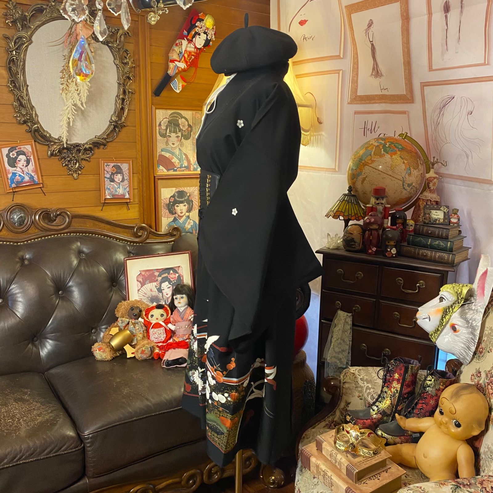 童子 唐子 留袖 ワンピース 和洋折衷 黒留袖 着物 リメイク ワンピース ドレス 洗える 化繊