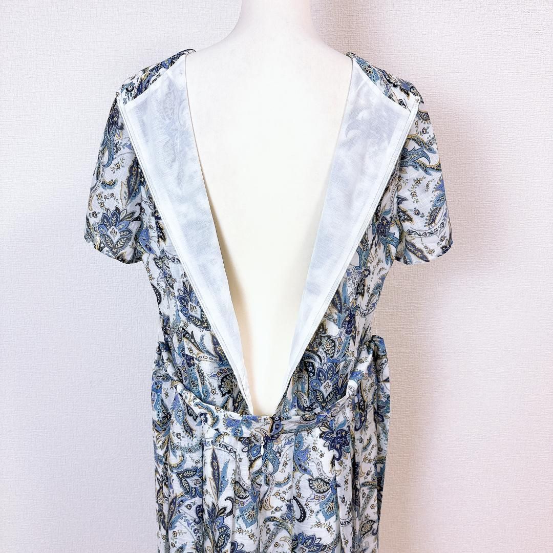 【美品】レリアン 半袖ブラウスワンピース ウエスト紐 13+ 花柄 白×水色 美品】レリアン 半袖ブラウスワンピース ウエスト紐 13+ 花柄 白×水色