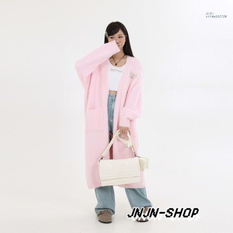 カーディガン モヘアニット レディース 大人ニット ブローチ付 デート 20代 秋 通学 冬 ロング丈 旅行 お洒落 4色 通勤 保温 vii4w552728