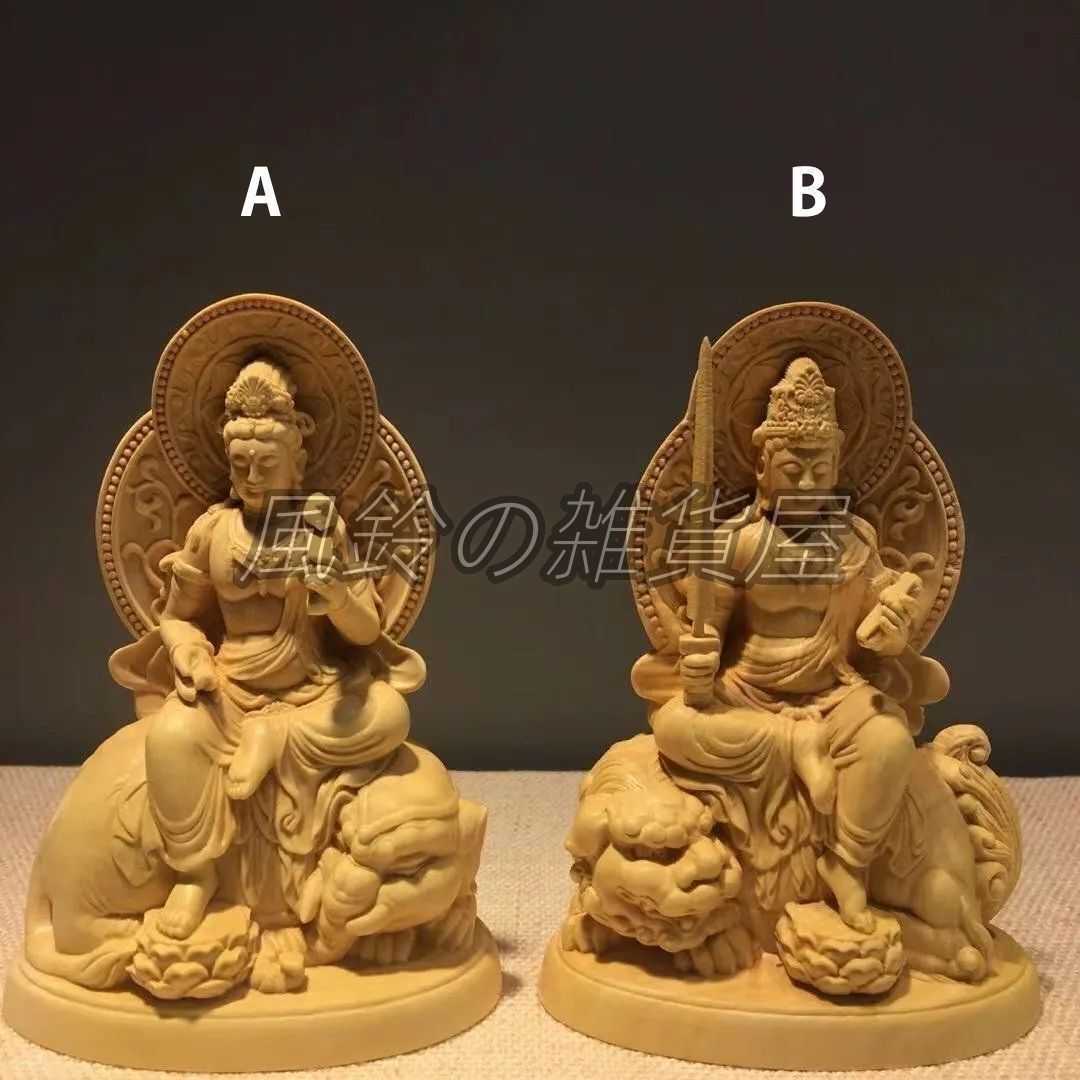 新品・未使用】文殊菩薩 普賢菩薩 木彫り 仏像 文殊菩薩像 普賢
