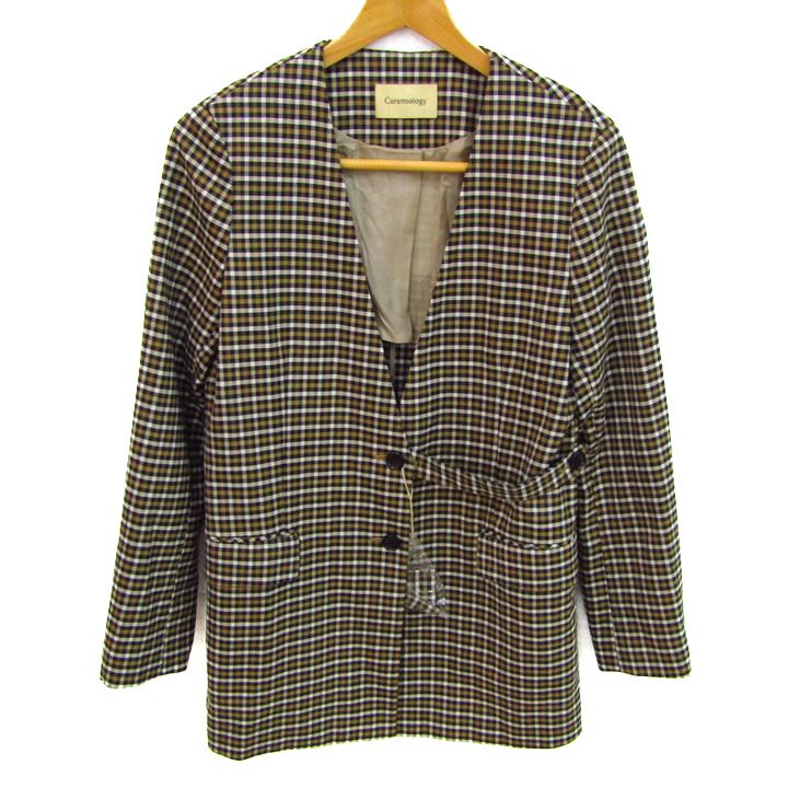 カレンソロジー ノーカラージャケット ウール混 ストレッチ アウター レディース Fサイズ ブラウン×ネイビー Curensology