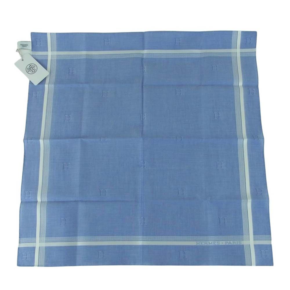 HERMES エルメス 国内正規品 ジャカード Hパッサン コットン ハンカチ ハンカチーフ フランス製 ブルー系【中古】