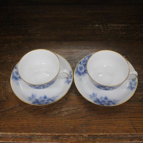 未使用 大倉陶園 ブルーフラワー ペア カップ ソーサー 染付 金彩