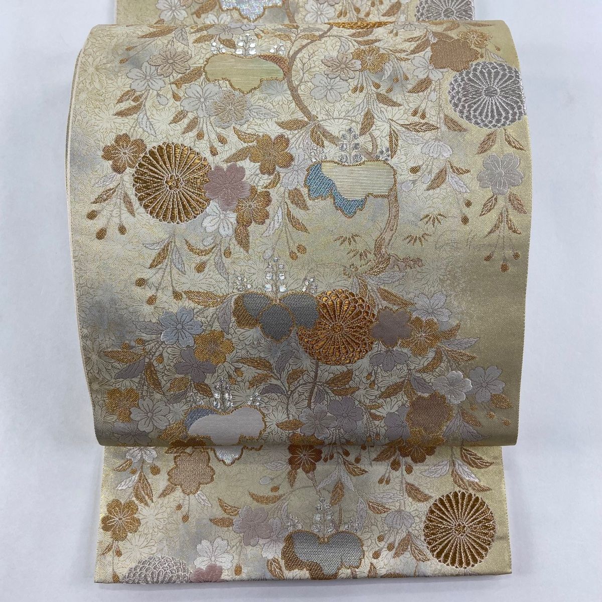 袋帯　六通　正絹　抽象花　菊　銀糸　織り出し　全長447幅31A000120