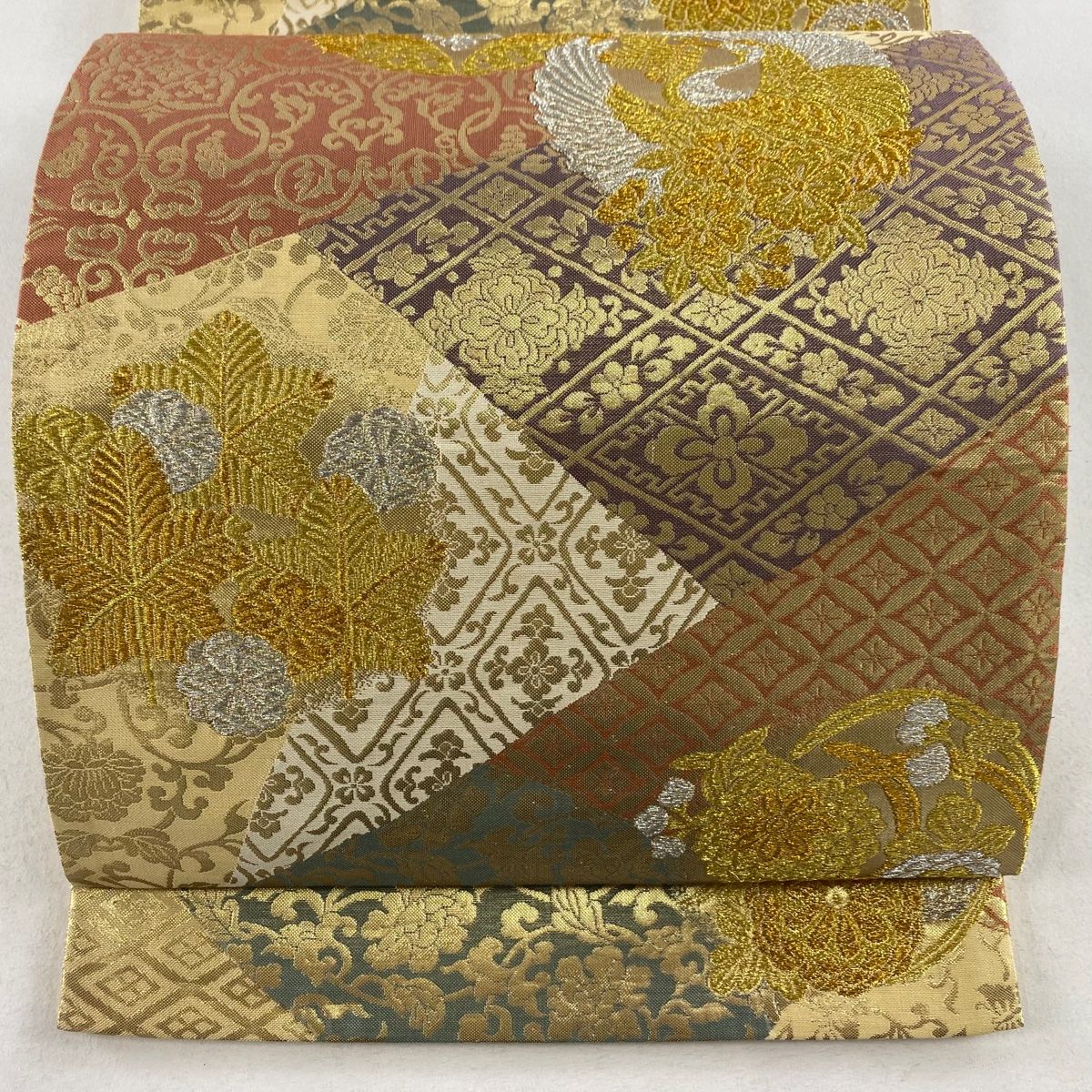 袋帯 秀品 花丸文 菱 金銀彩 箔 黄土色 お太鼓柄 正絹 【中古