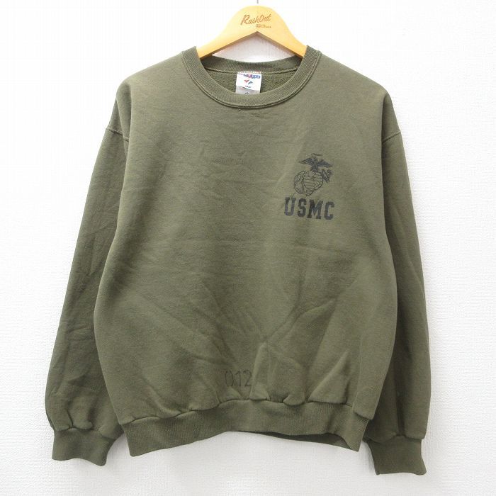 L/古着 ジャージーズ 長袖 スウェット メンズ 90s ミリタリー USMC アメリカ海兵隊 クルーネック 濃緑 グリーン 24sep11 中古 スエット ト