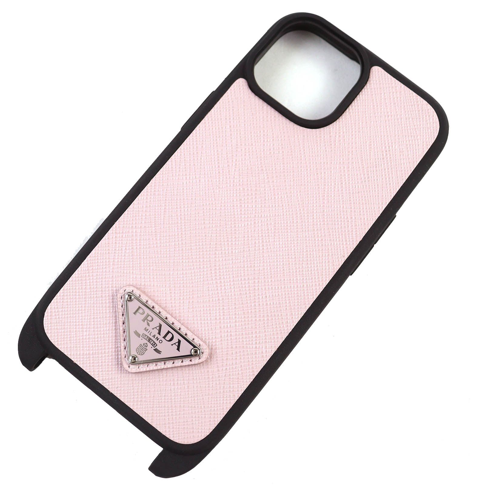 ♥品△PRADA プラダ サフィアーノレザー トライアングルロゴ ショルダーストラップ付属 iPhone15ケース スマホケース ピンク ブラック き レディース