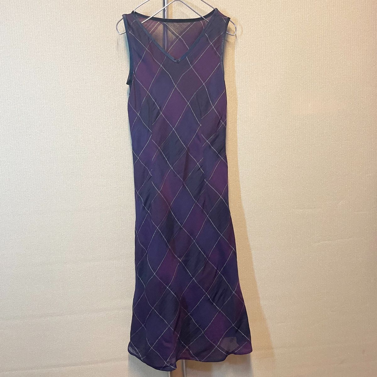 アナイ 2022s幾何学模様 ノーカラー ベルト ロングワンピース パープル