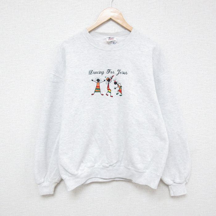 L/古着 ジャージーズ 長袖 スウェット メンズ 90s 刺繍 クルーネック 薄グレー 霜降り 25feb10 中古 スエット トレーナー トップス