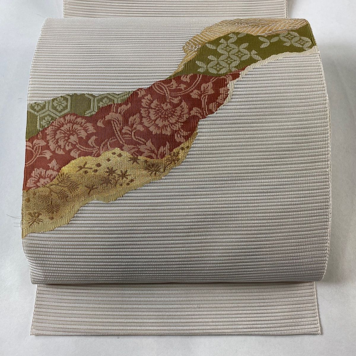 名古屋帯 河村織物 落款 証紙 夏帯 絽 八寸名古屋帯 トンネル仕立て 草花 道長取 金糸 クリーム 正絹