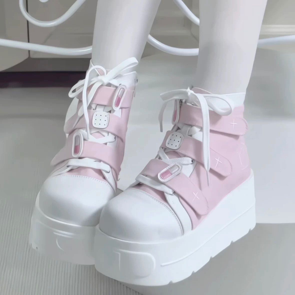 厚底　リボン　ロリータ　ピンク　白　量産　地雷 ベルベットリボン厚底ロリータシューズ sh025 | 可愛い服量産型