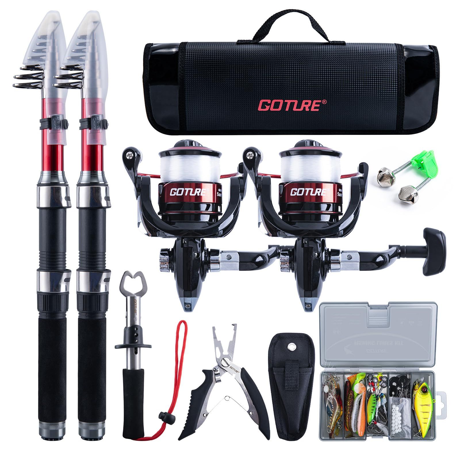 新着商品 Goture 釣りセット 釣り竿 1.8M|2.1M|2.4M|2.7M 炭素伸縮釣竿2本 スピニングリール2本 釣り糸付 ルアーセット付き 収納バッグ付き 投げ竿 振出ロッド 海釣り 超軽量 携帯型