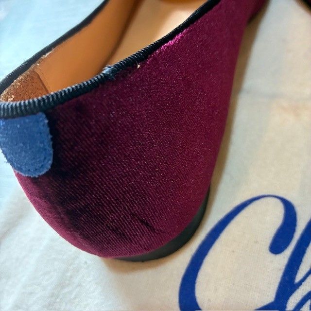 ダークパープル ベルベットフラットシューズ