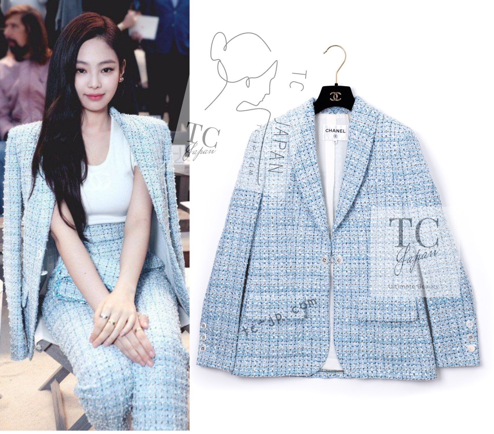 シャネル ジャケット CHANEL ライト ブルー ラ パウザ ボタン ツイード カール ラガーフェルド 超 40