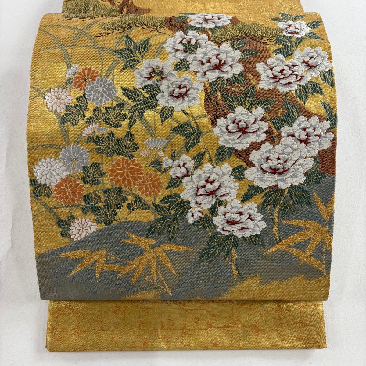 411my6◇摺箔段文 横段 菊松皮 菱 松竹梅 七宝 鳳凰 金糸 袋帯◇美品 袋帯 美品 名品 鳳凰 華文 金銀糸 箔 金色 六通 正絹 【中古