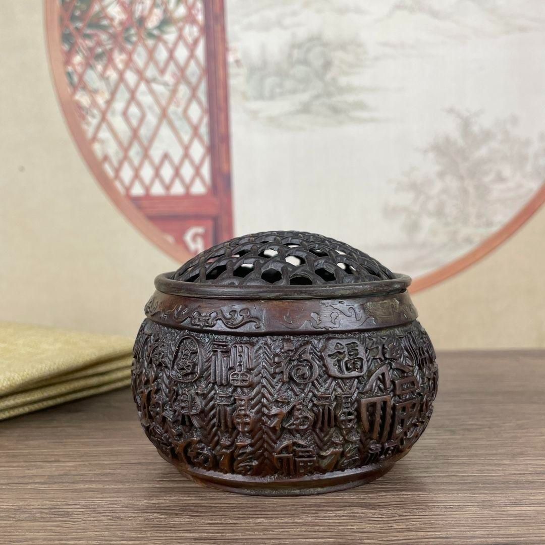 銅 細工 浮彫り百福網蓋薫香炉 茶道香炉 工芸品 美術品 置物 公式ショップ】 銅 細工 浮彫り百福網蓋薫香炉 茶道香炉 工芸品