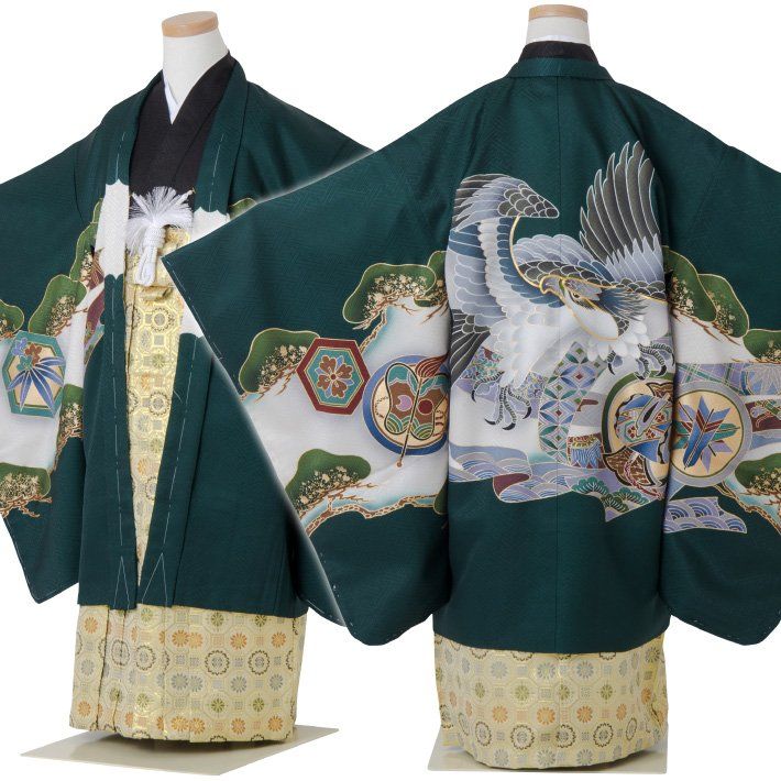七五三 着物 男の子 五歳 13点フルセット 正絹 鷹 松 緑 羽織袴セット