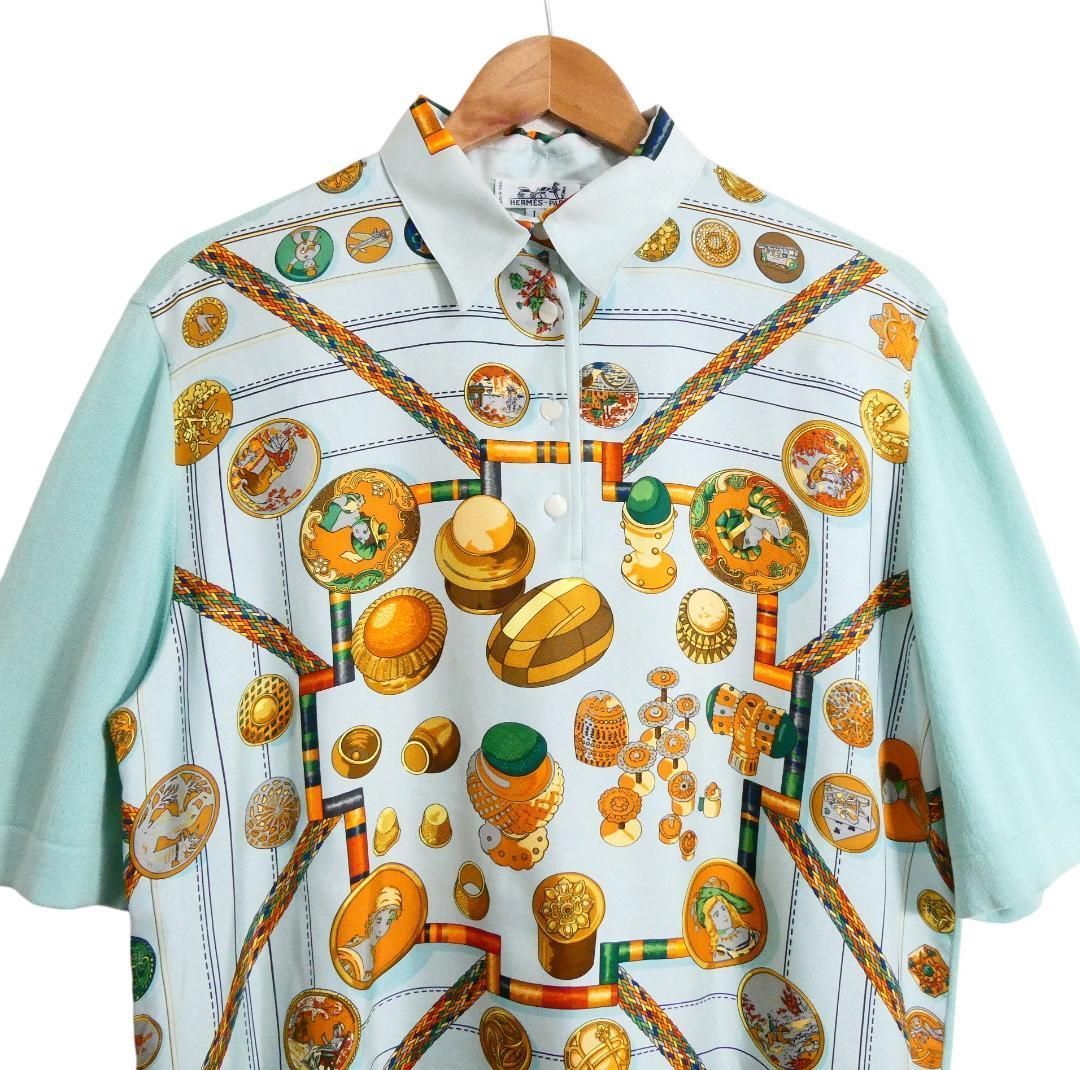 美品 HERMES エルメス サイズL シルク切り替え カシミヤ混 総柄 ハーフ