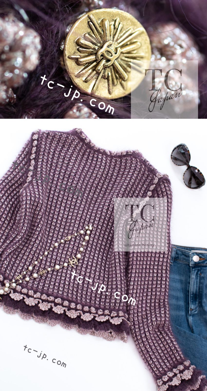 CHANEL - シャネル カーディガン CHANEL プラム パープル ピンク モヘア 柔らか ニット ストレッチ かぎ編 クロシェット 超美品 38 CHANEL シャネル カーディガン プラム パープル ピンク モヘア