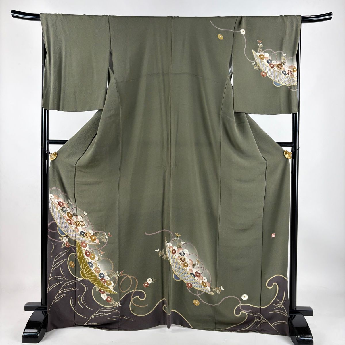 訪問着 身丈168cm 裄丈69cm L 袷 落款 菊 笠 金糸 金彩 茶緑色