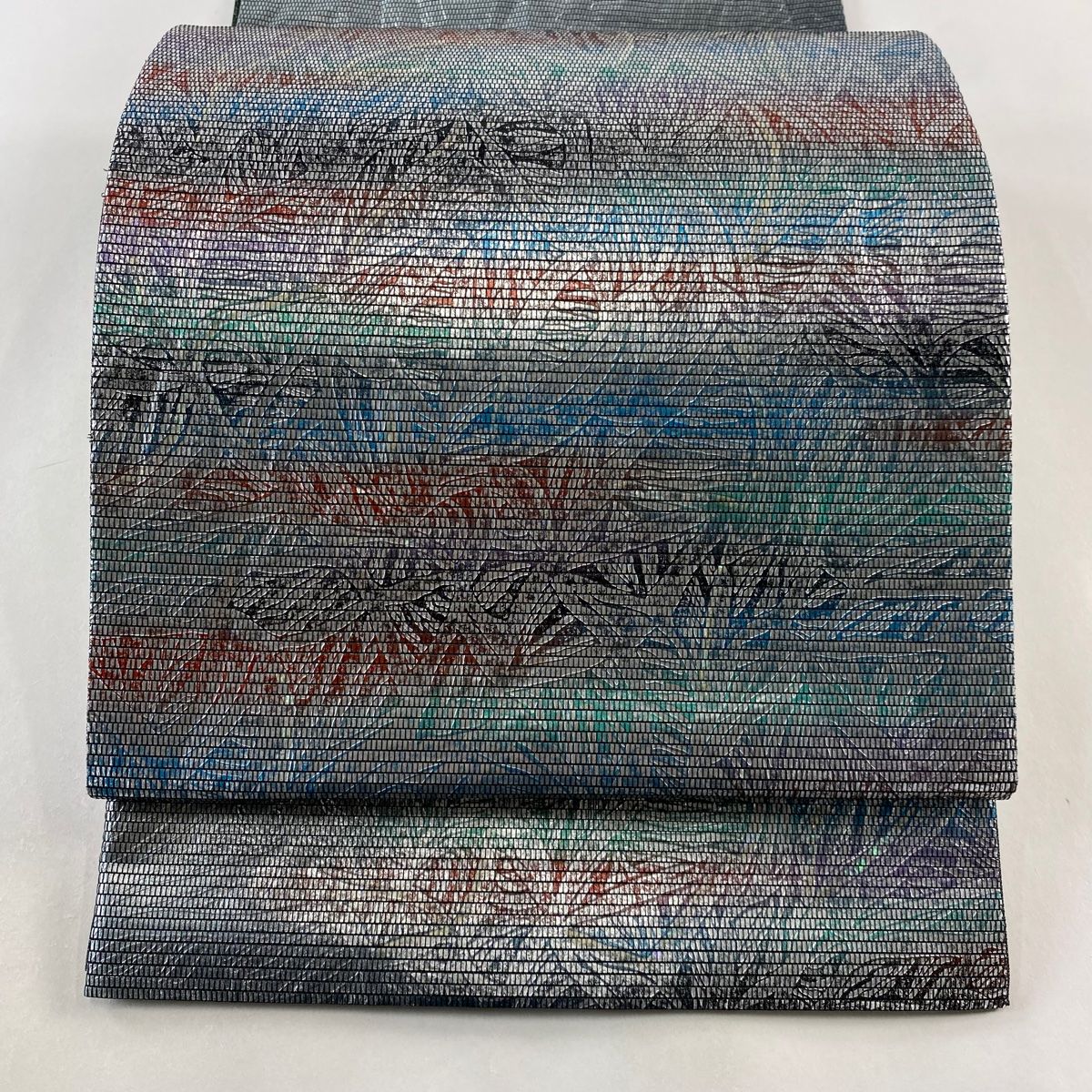 袋帯 秀品 落款 葉柄 箔 青灰色 お太鼓柄 正絹