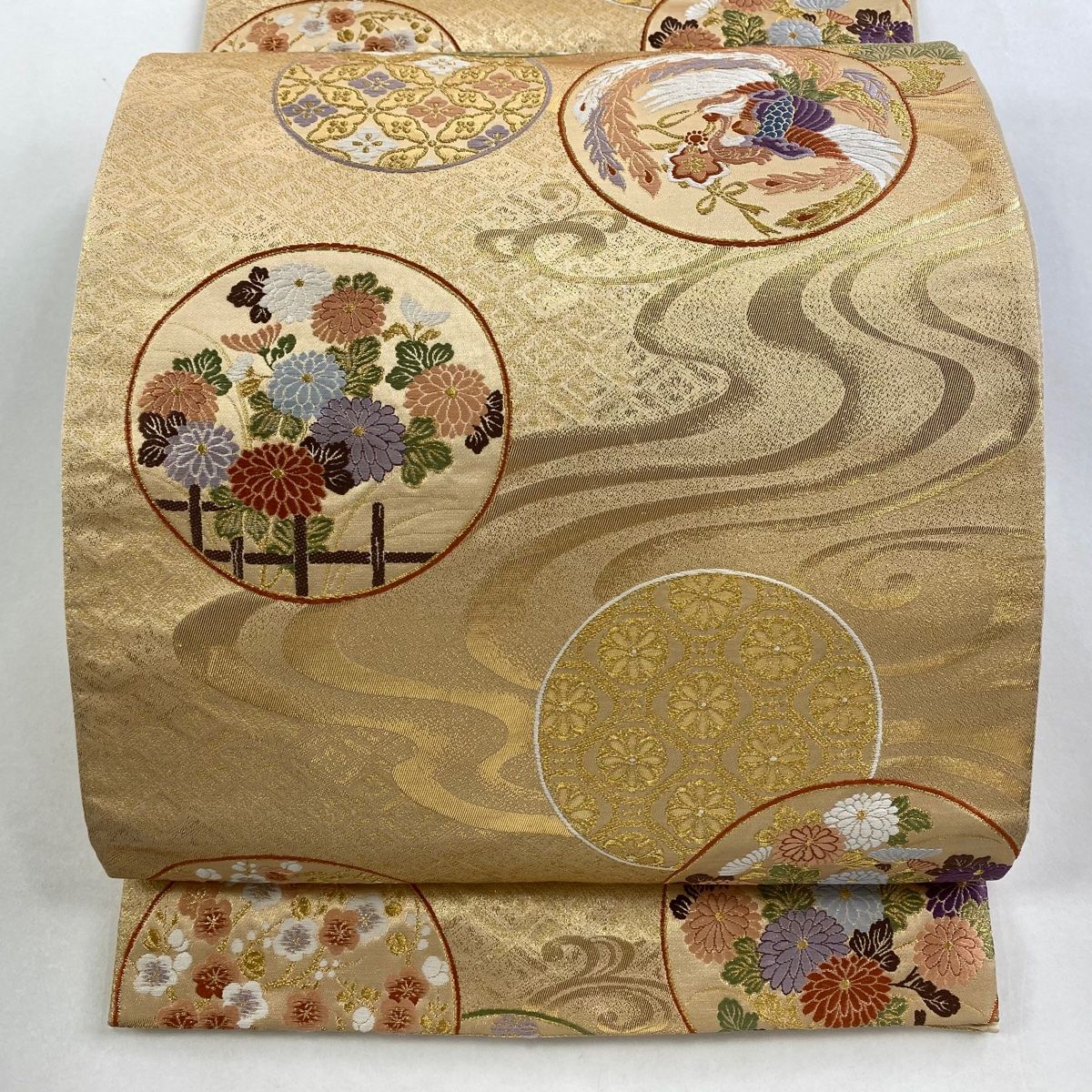 袋帯 秀品 丸文 花鳥 金糸 箔 金色 六通 正絹