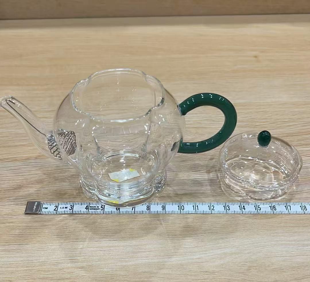 食器・キッチン用品 ガラス製 丸型ポット 緑色ハンドル