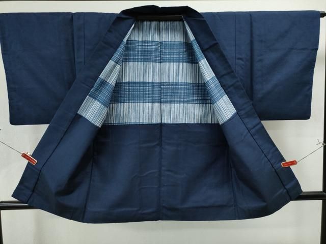 平和屋着物○男性 紬 アンサンブル 色無地 留紺色 正絹 逸品