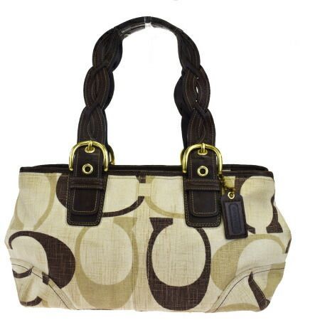 【中古】 コーチ COACH シグネチャー ショルダーバッグ トートバッグ ベージュ ブラウン キャンバス レザー 12195 07HC952