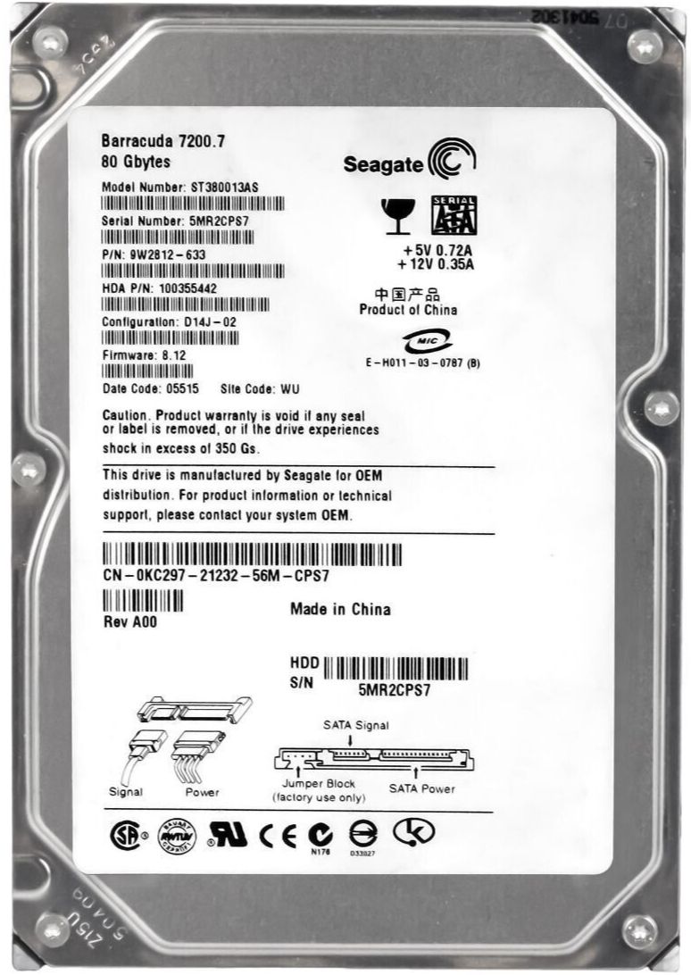 DELL 0KC297 KC297 ST380013AS 80GB 7200U|分 8MB SATA 3.5 ハードドライブ