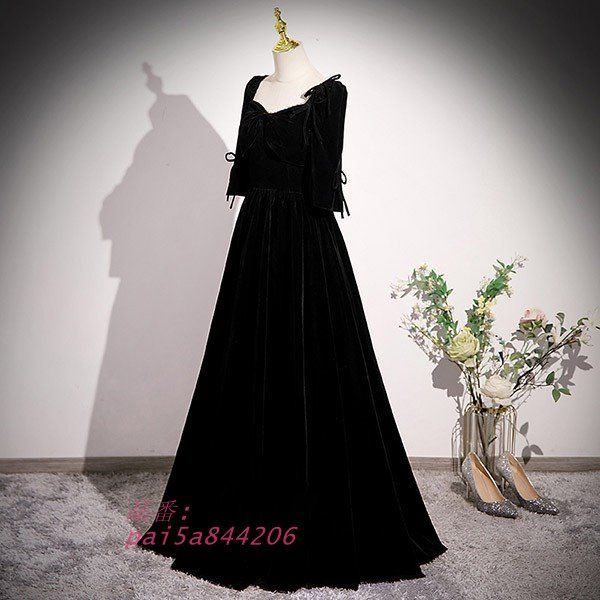 ドレス 大人 ピアノ 発表会 ロングドレス 袖付き 黒 演奏会ドレス 演奏会用ドレス レディース 披露宴 母親 五分袖 演奏会 結婚式 ロング pai5a844206