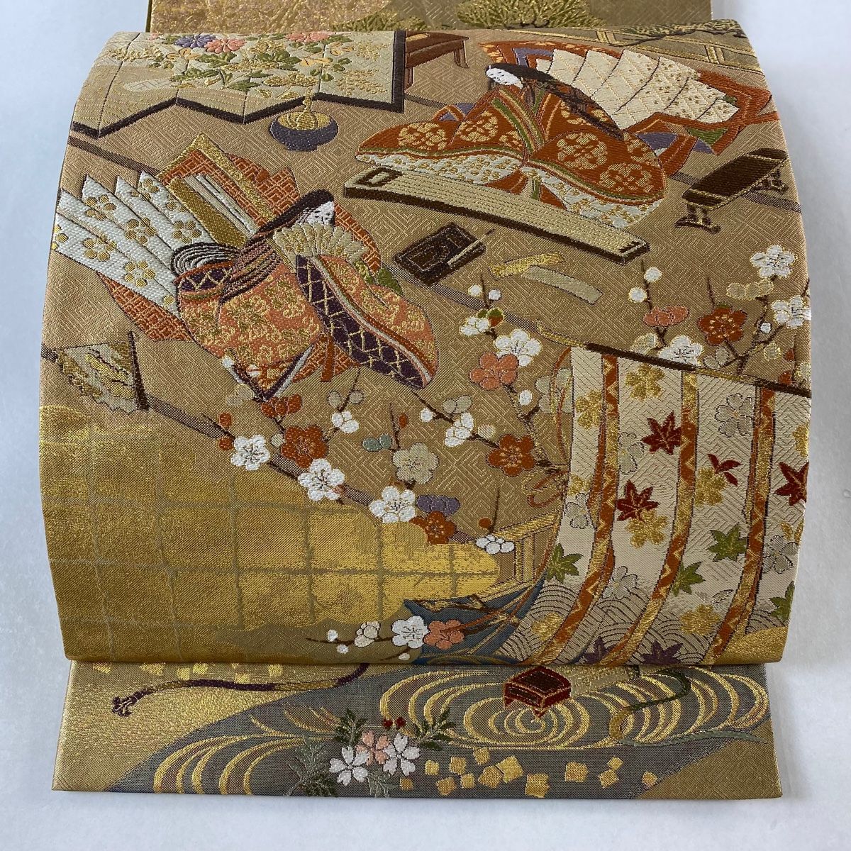 バイセル 着物 名品 袋帯 金色 琳派大全集 草花 菊 楓 牡丹 松 風神雷神 鳥 リバーシブル 箔 全通 正絹☆☆☆☆ 袋帯 美品 逸品 琳派名作選 草花 金銀糸 箔 金色 全通 正絹 中古