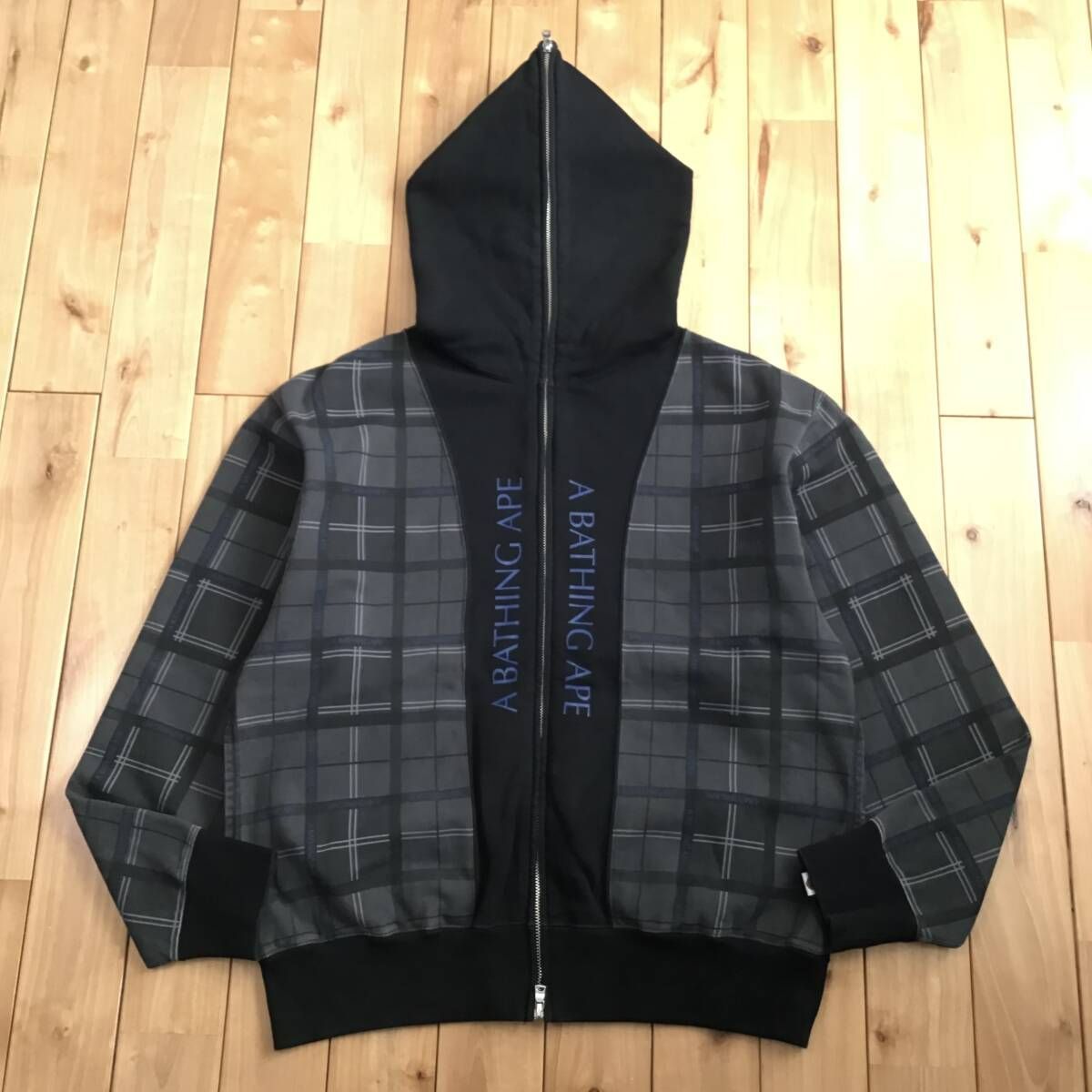 BAPE LOGO チェック フルジップ パーカー Mサイズ グレー a