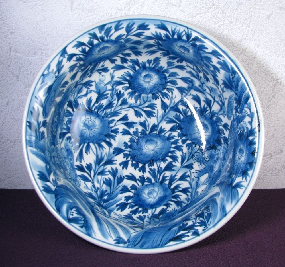 古伊万里 染付 唐獅子牡丹文大鉢 幅 34.5cm 江戸時代 25i063