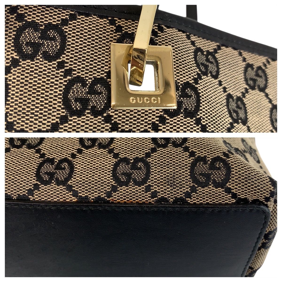 美品 GUCCI グッチ ベージュ ブラック 黒 ゴールド金具 GGキャンバス  