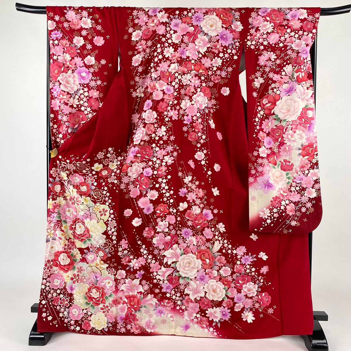 振袖 身丈172cm 裄丈67cm M 袷 薔薇 蝶 箔 金彩 赤 正絹 名品