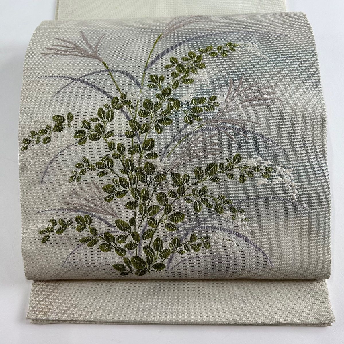 開き名古屋帯 美品 優品 夏帯 絽 萩 ススキ 箔 クリーム 正絹 【中古 