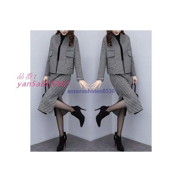 セットアップ レディース 上下セット アウター 前開き ジャケット スカート サイドスリット 長袖 格子柄 ビジネス チェック柄 ペンシルスカート yan5a829082