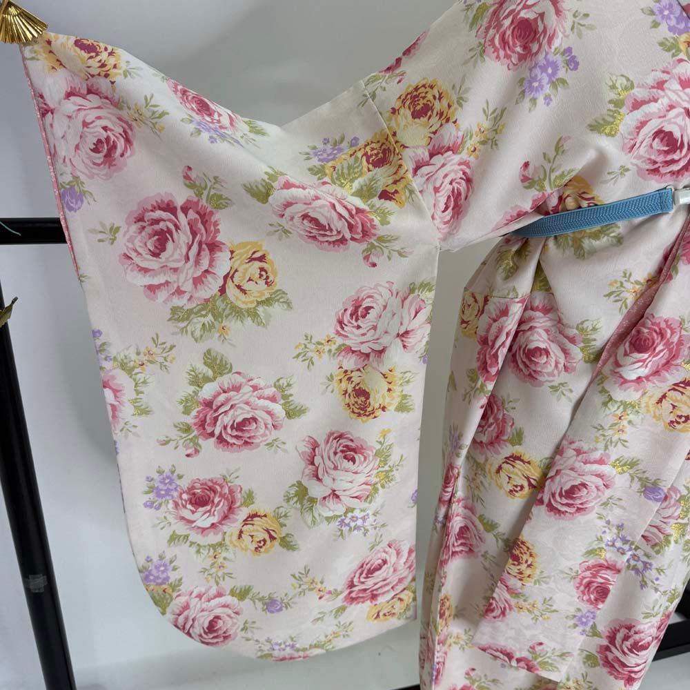 二尺着物 袴用着物 卒業式 裄66.5㎝ 中古 着物のみ　白　花柄ｎ-30 二尺着物 袴用着物 卒業式 裄66.5㎝ 中古 着物のみ 白 花柄n-30