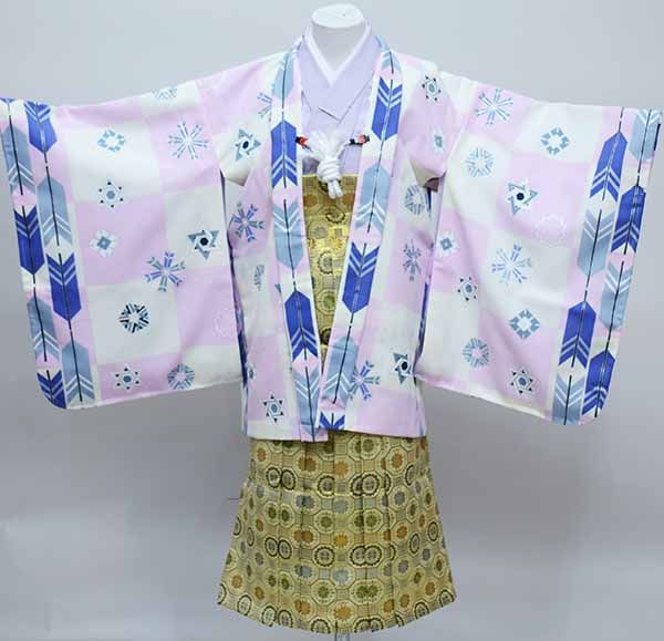 七五三 五歳 男児 羽織袴フルセット 着物 式部浪漫 白×ピンク お仕立て