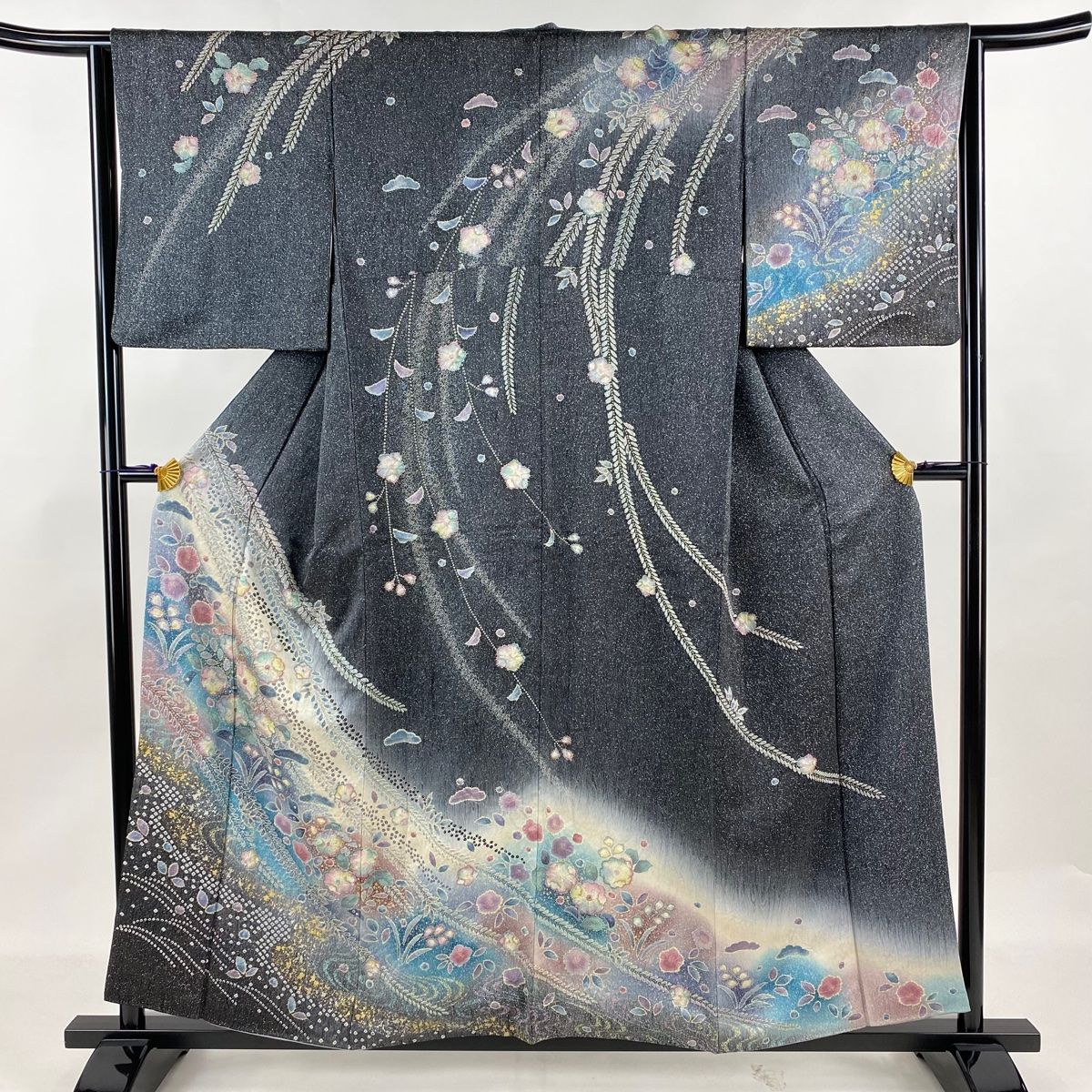 訪問着 身丈157cm 裄丈64.5cm M 袷 辻が花 流水 金銀彩 ぼかし 黒灰 正絹 名品