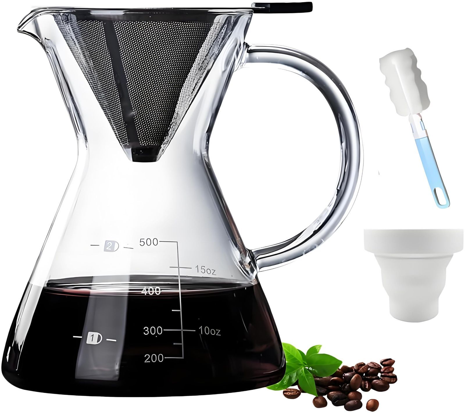 スポンジブラシ付属 耐熱ガラス ステンレスフィルター付き コーヒーカラフェセット ２層メッシュ 電子レンジ可 コーヒードリッパー 直火対応可能 プレゼント [星海]コーヒーサーバー ギフ