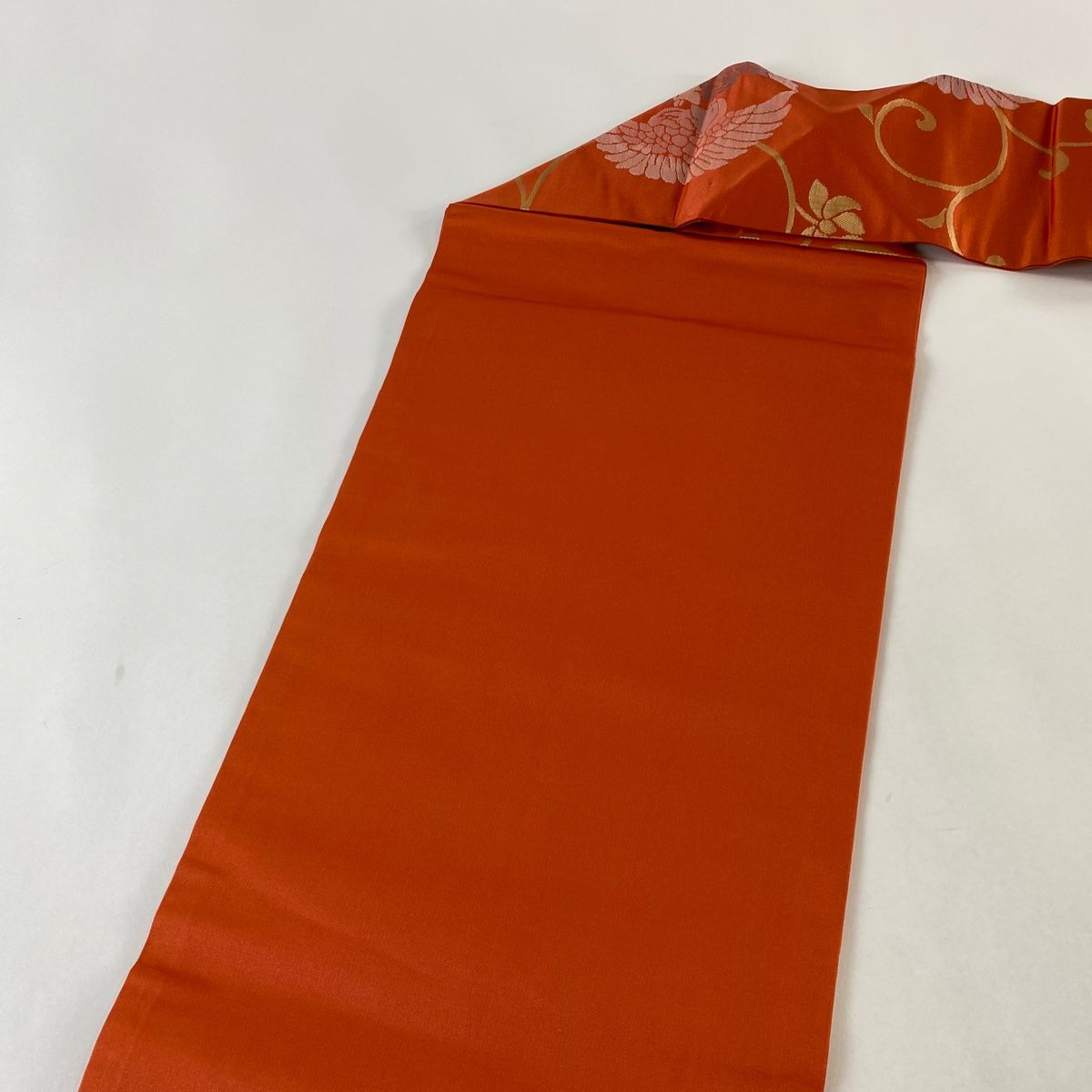 名古屋帯 美品 優品 向かい鳥 花唐草 箔 オレンジ 正絹 【中古