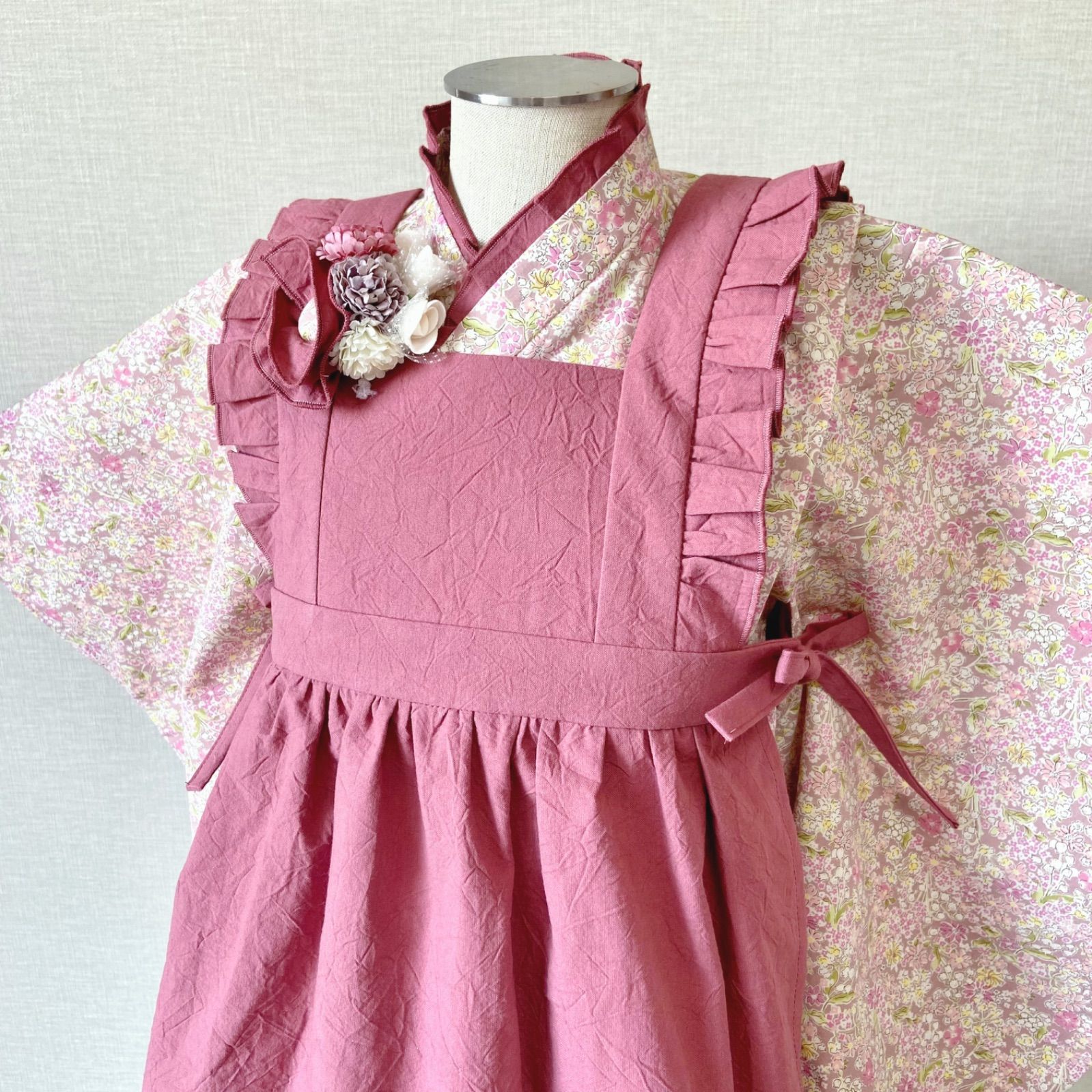 3歳お着物＆被布エプロンセット　花柄×ローズピンク　ハンドメイド